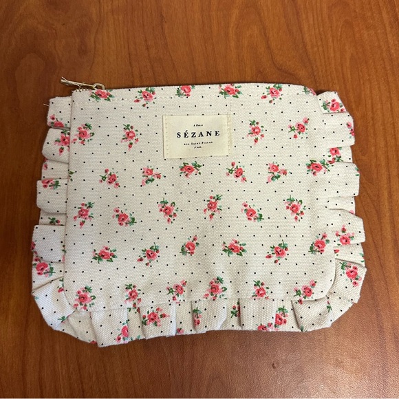 Sezane Froufrou Cotton Floral Pouch Ruffle Trim Dainty Flower Design Bag Clutch - Picture 1 of 6